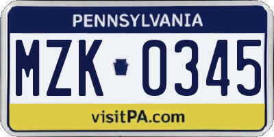 PA license plate MZK0345