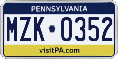 PA license plate MZK0352