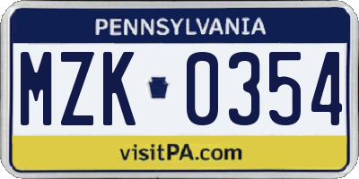 PA license plate MZK0354