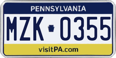 PA license plate MZK0355