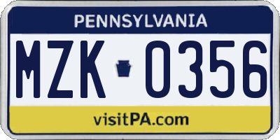 PA license plate MZK0356