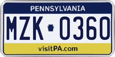 PA license plate MZK0360