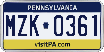 PA license plate MZK0361