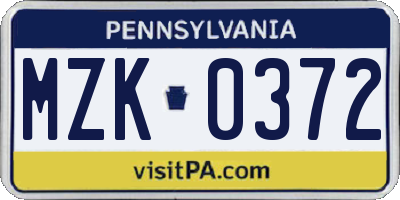 PA license plate MZK0372