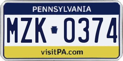 PA license plate MZK0374