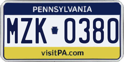 PA license plate MZK0380