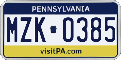 PA license plate MZK0385