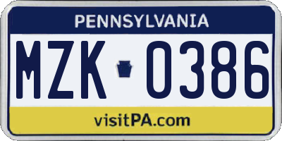 PA license plate MZK0386