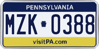 PA license plate MZK0388