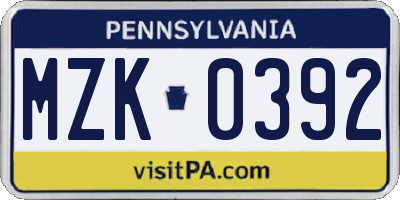 PA license plate MZK0392