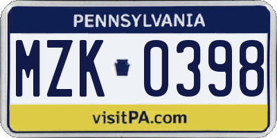 PA license plate MZK0398