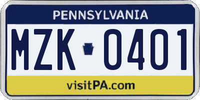 PA license plate MZK0401