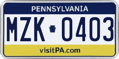 PA license plate MZK0403