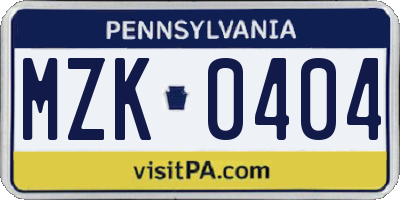 PA license plate MZK0404