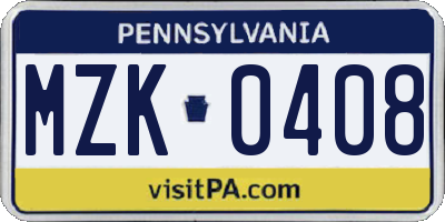 PA license plate MZK0408