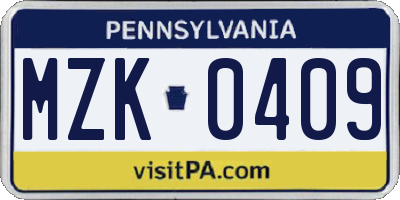 PA license plate MZK0409