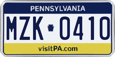 PA license plate MZK0410