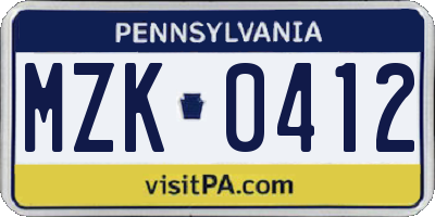 PA license plate MZK0412