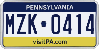PA license plate MZK0414