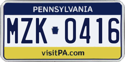 PA license plate MZK0416