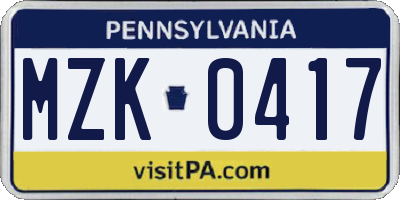 PA license plate MZK0417