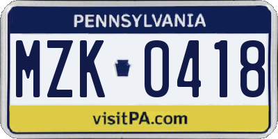 PA license plate MZK0418