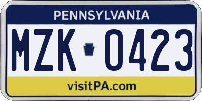 PA license plate MZK0423