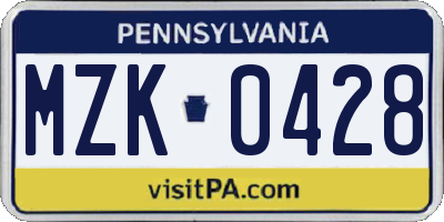 PA license plate MZK0428