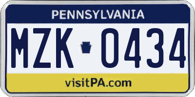 PA license plate MZK0434
