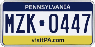 PA license plate MZK0447
