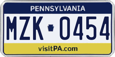 PA license plate MZK0454