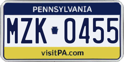 PA license plate MZK0455
