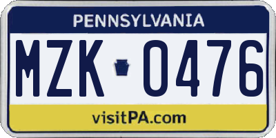 PA license plate MZK0476