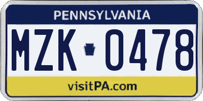 PA license plate MZK0478