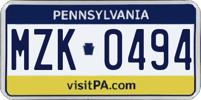 PA license plate MZK0494