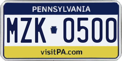 PA license plate MZK0500