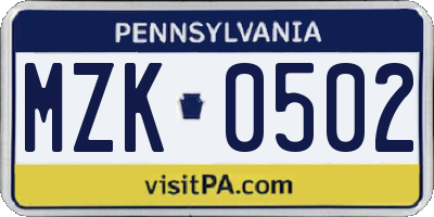 PA license plate MZK0502