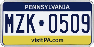 PA license plate MZK0509