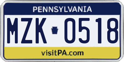 PA license plate MZK0518