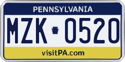 PA license plate MZK0520