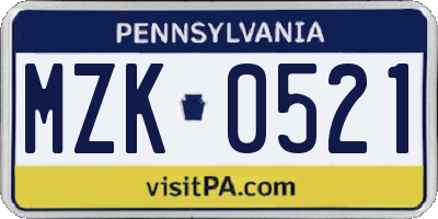 PA license plate MZK0521