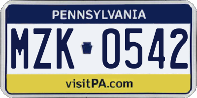 PA license plate MZK0542