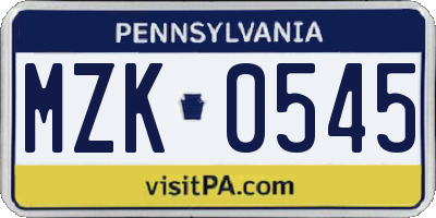 PA license plate MZK0545