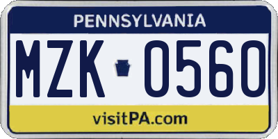PA license plate MZK0560
