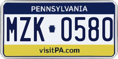 PA license plate MZK0580