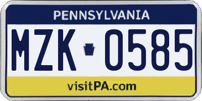 PA license plate MZK0585