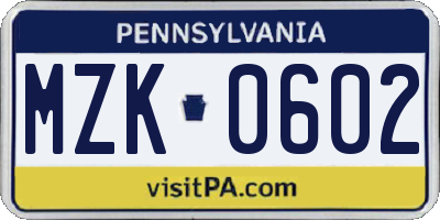 PA license plate MZK0602