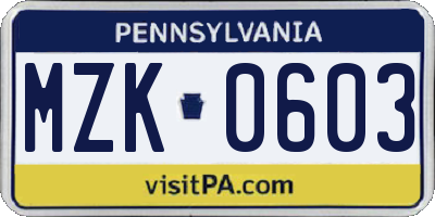 PA license plate MZK0603