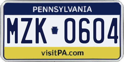 PA license plate MZK0604
