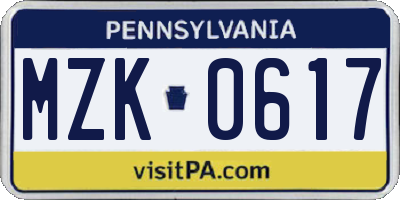 PA license plate MZK0617